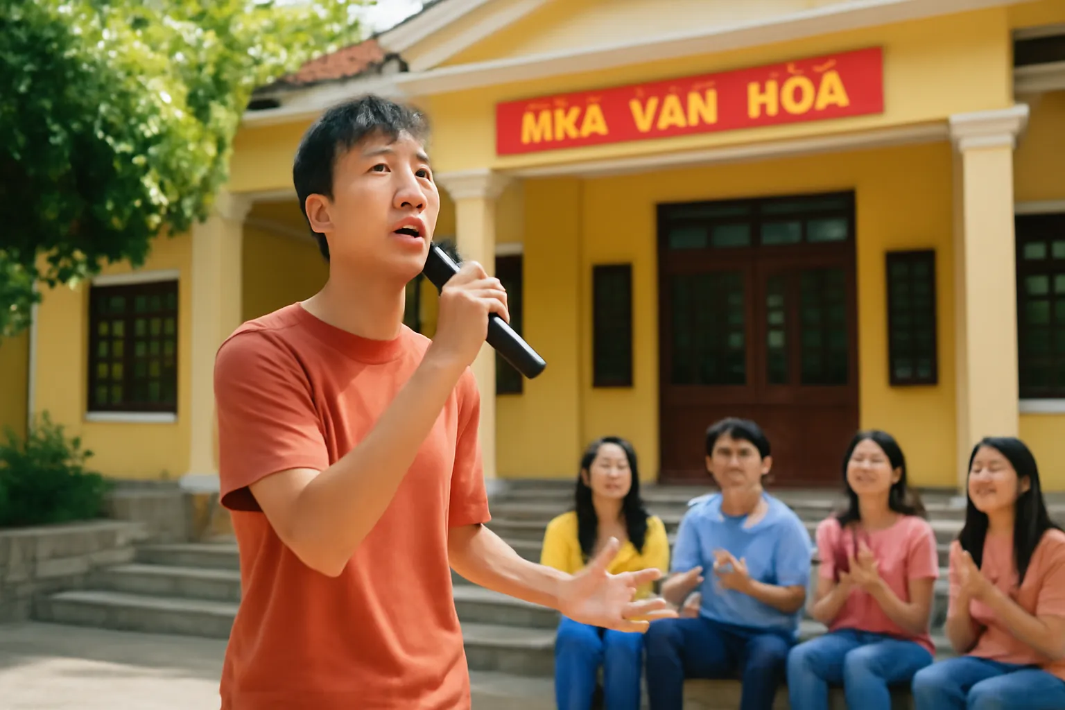 Cậu thiếu niên hát trong sân nhà văn hoá phường, bạn bè ngồi nghe trên bậc thềm