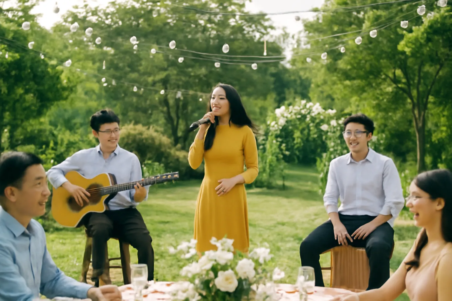 Ban nhạc nhỏ hát ở tiệc cưới sân vườn, khách mời ngồi quanh bàn tiệc