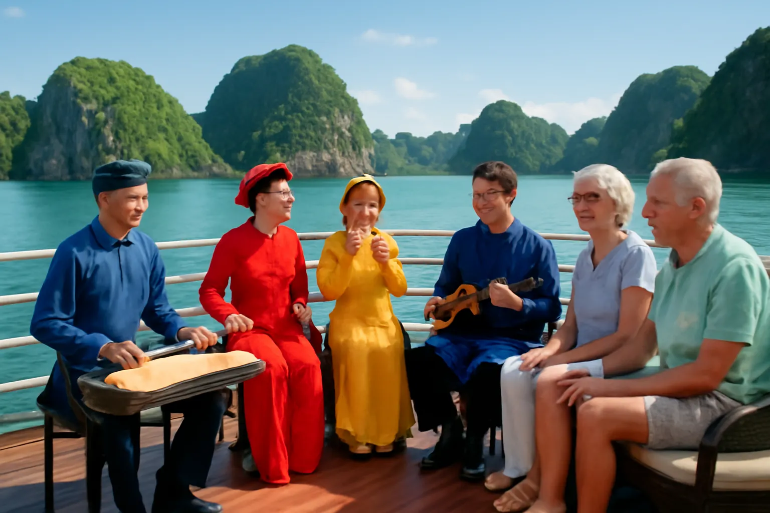 Nhóm nhạc dân tộc trẻ biểu diễn trên boong tàu du lịch trước khách nước ngoài