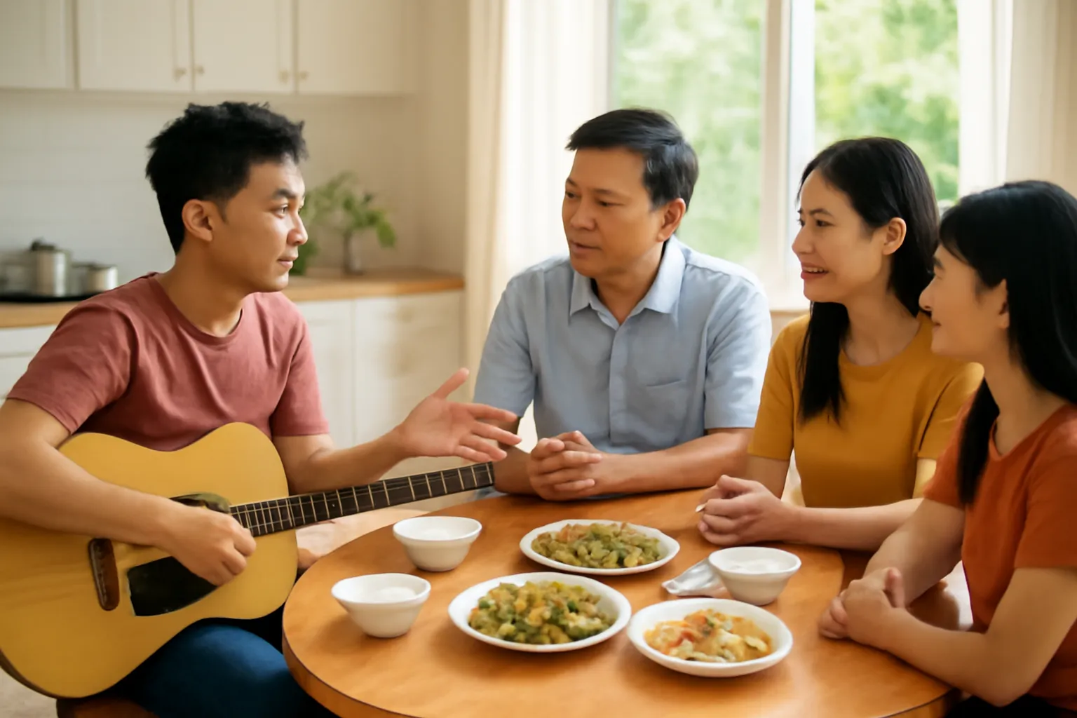 Bữa cơm gia đình, cậu con trai ôm đàn ghi-ta ngồi trò chuyện cùng bố