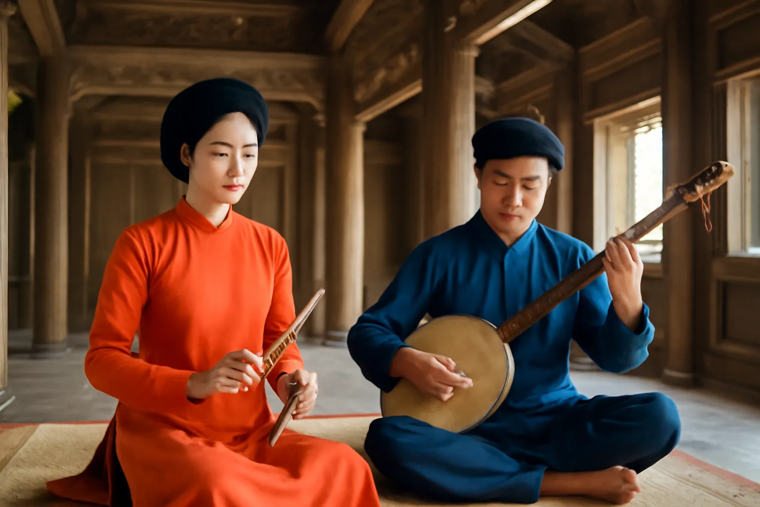 Đào nương gõ phách, kép đàn ôm đàn đáy ngồi trong gian đình gỗ