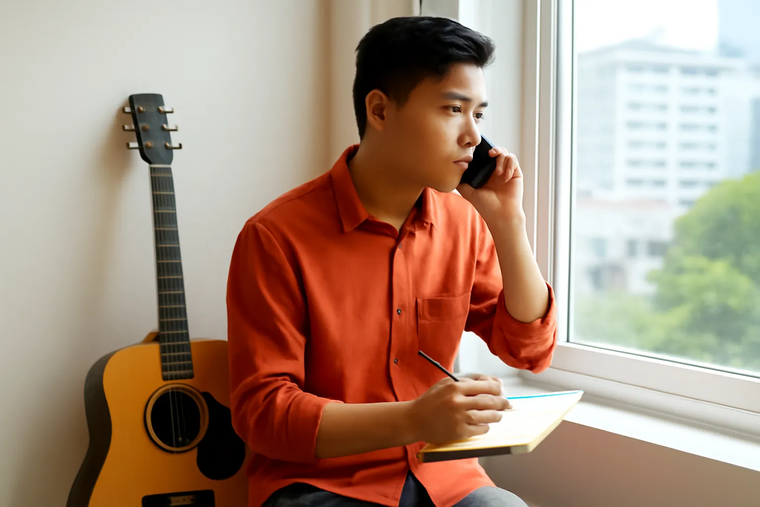 Nghệ sĩ nói chuyện điện thoại bên cửa sổ, tay cầm cuốn sổ ghi chép