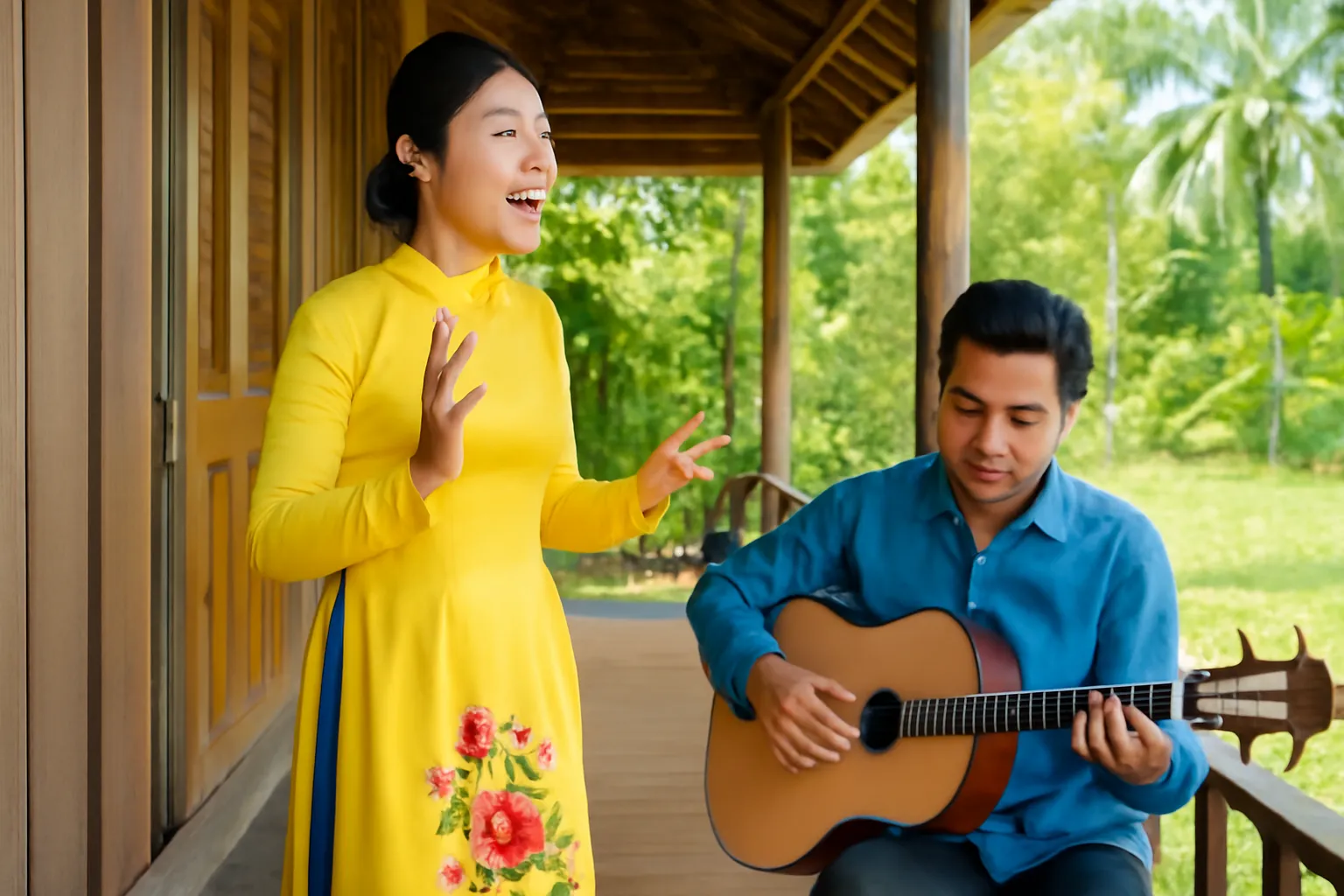 Nghệ sĩ cải lương mặc áo dài hát cạnh người đờn ghi-ta phím lõm