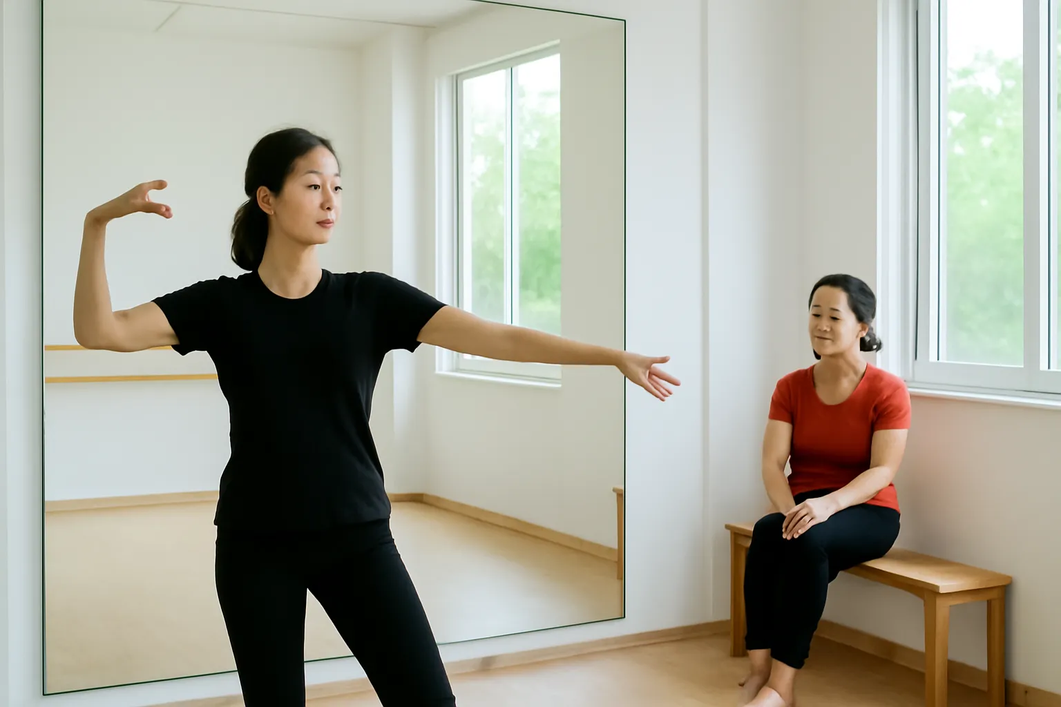 Cô gái tập bài thi trước gương lớn trong phòng tập, mẹ ngồi chờ ở góc