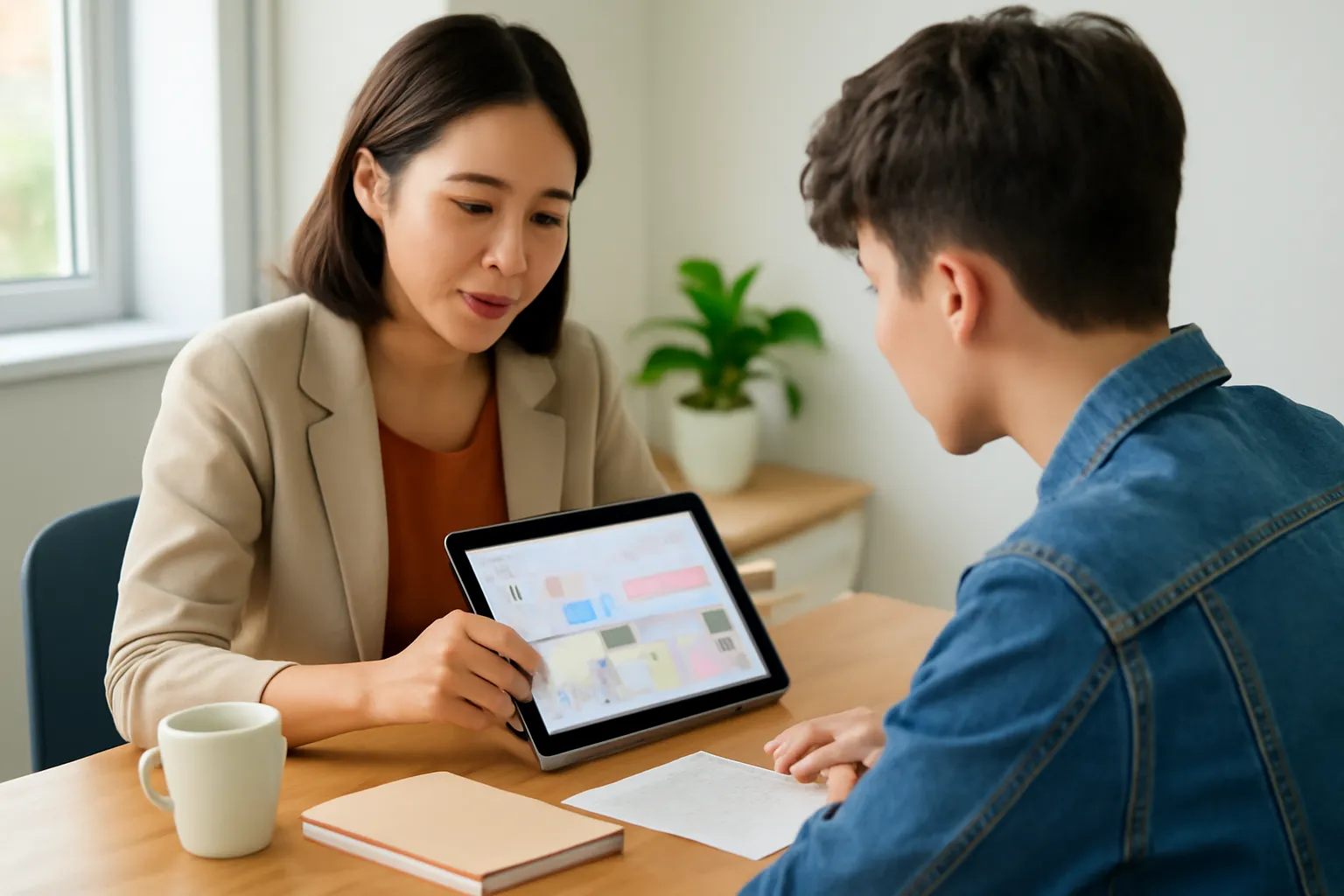 Người quản lý và nghệ sĩ cùng xem lịch trên máy tính bảng tại bàn làm việc