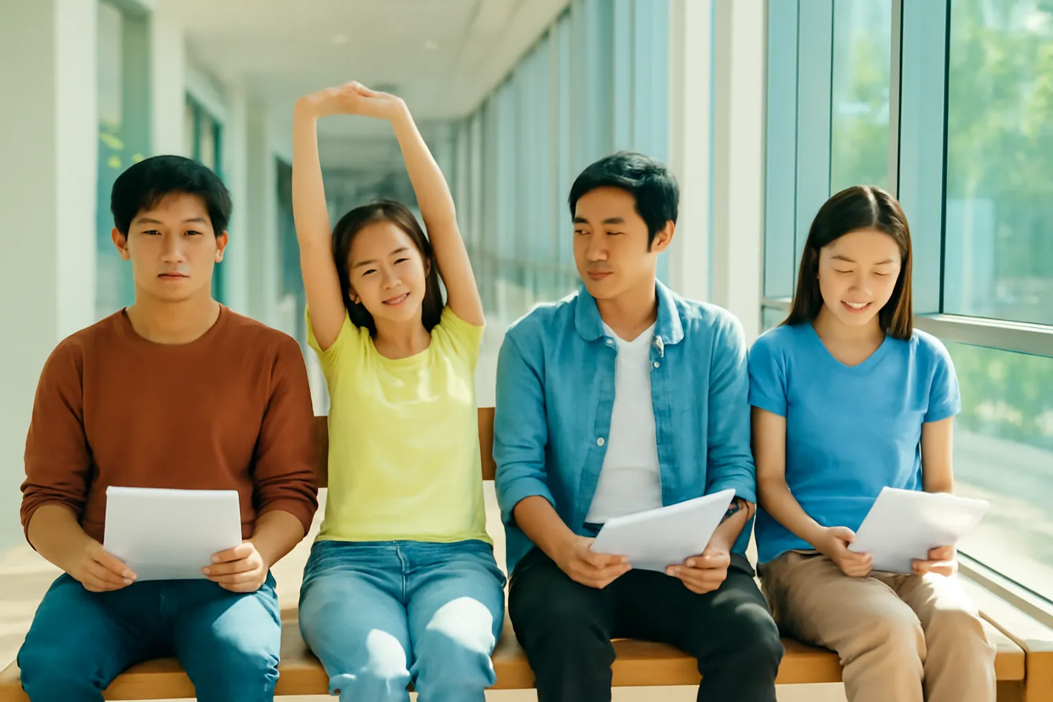 Các diễn viên trẻ ngồi chờ thử vai trên băng ghế hành lang, tay cầm kịch bản
