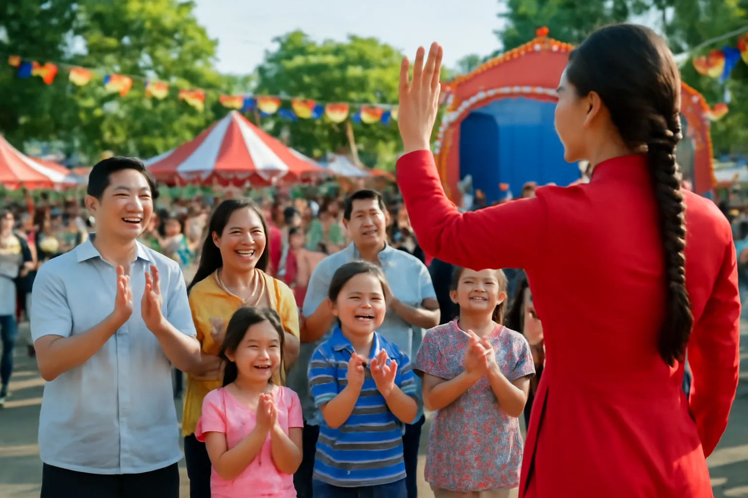 Khán giả vỗ tay hào hứng trước sân khấu hội chợ ngoài trời ban ngày