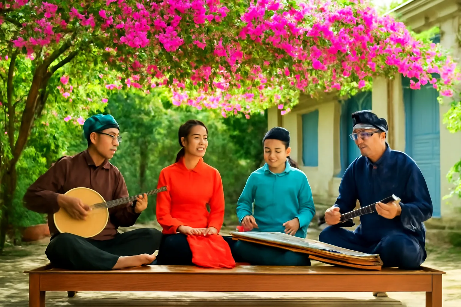 Nhóm đờn ca ngồi trên bộ ván dưới giàn bông giấy trong nhà vườn