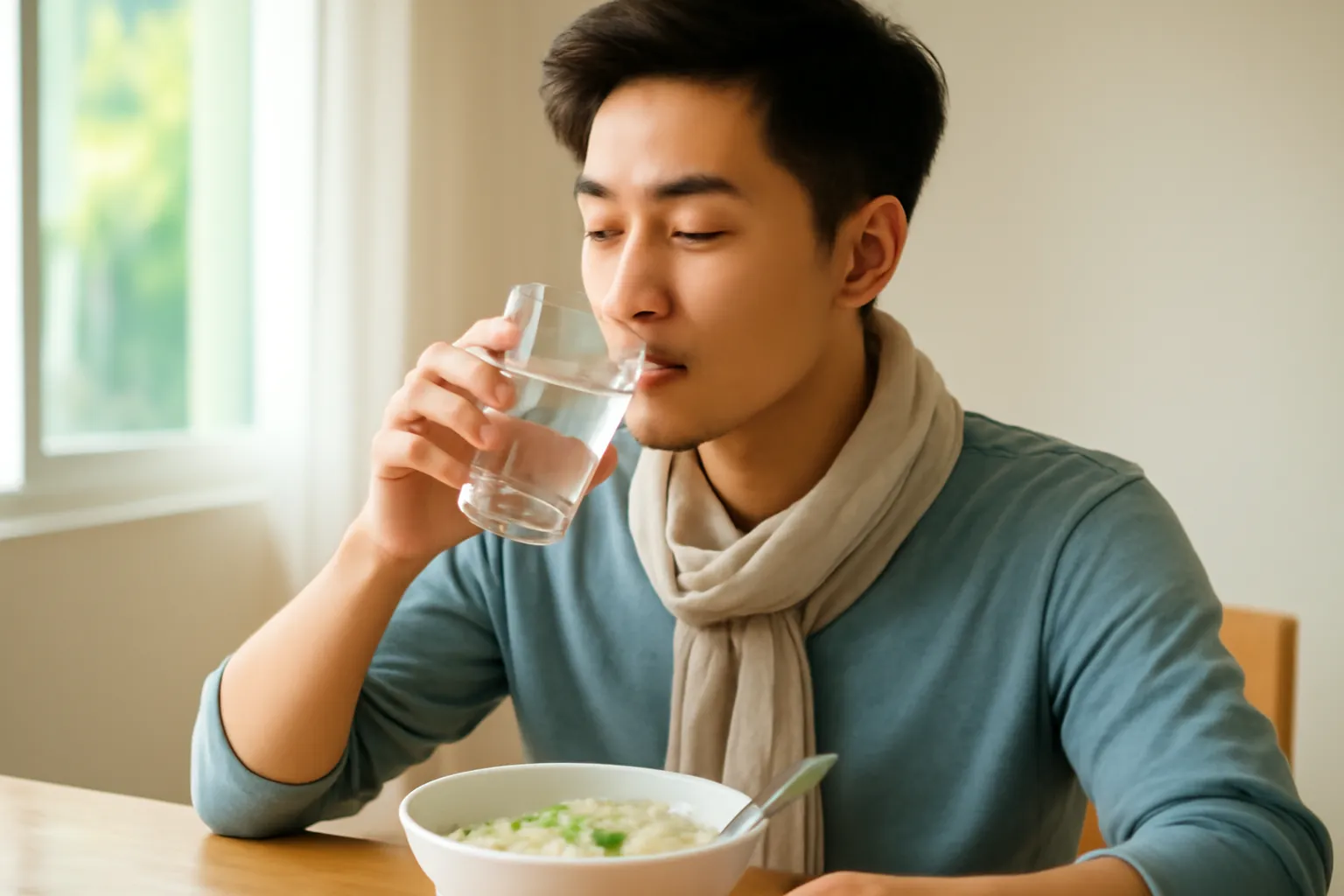 Ca sĩ quàng khăn mỏng uống nước ấm bên bàn ăn sáng