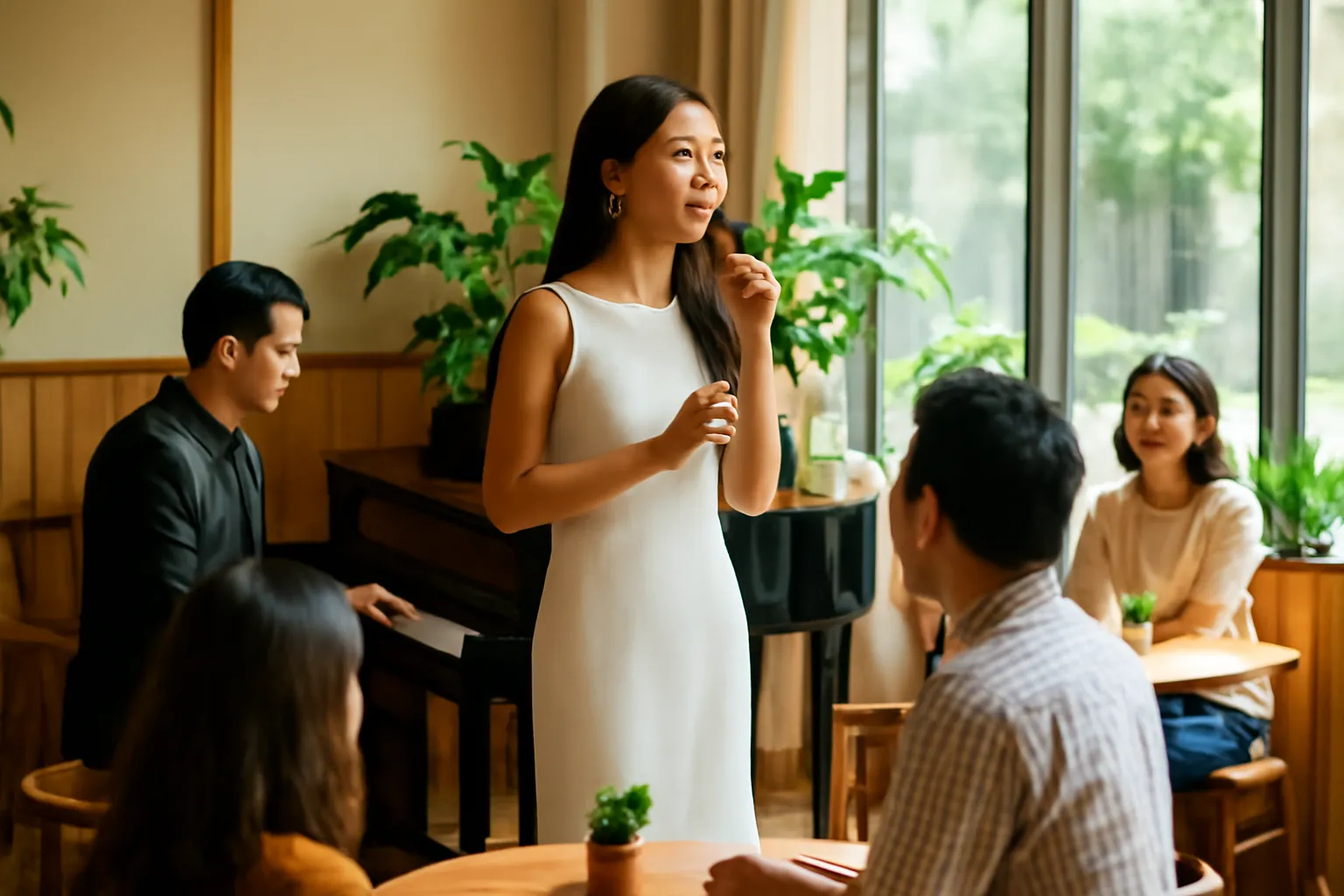 Ca sĩ hát cùng nghệ sĩ dương cầm trong không gian phòng trà nhỏ ấm cúng