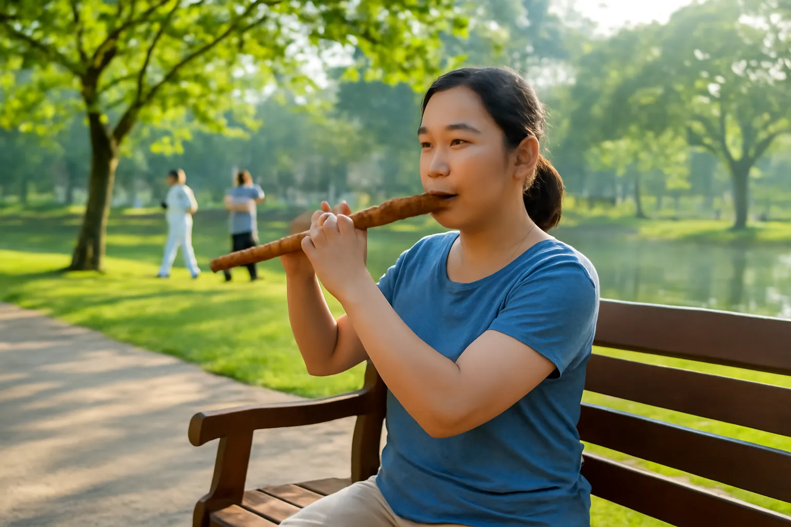 Người phụ nữ trung niên tập thổi sáo trúc ở công viên lúc sáng sớm