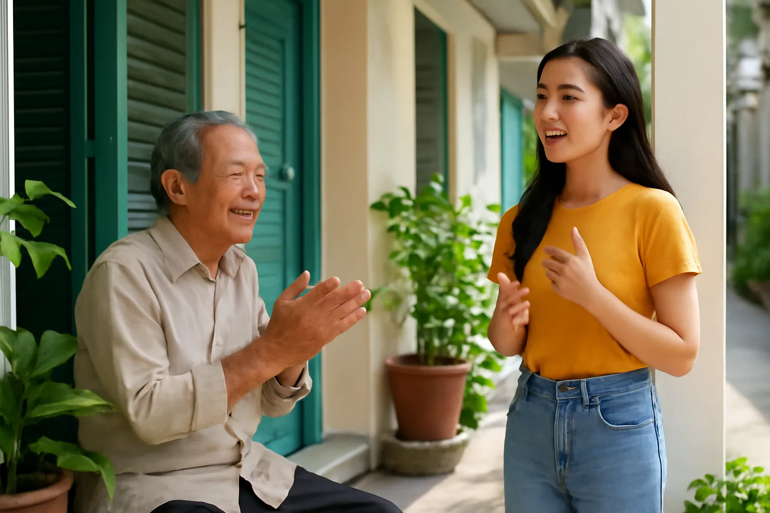 Thầy lớn tuổi dạy trò hát trên hiên nhà ống có nhiều chậu cây xanh