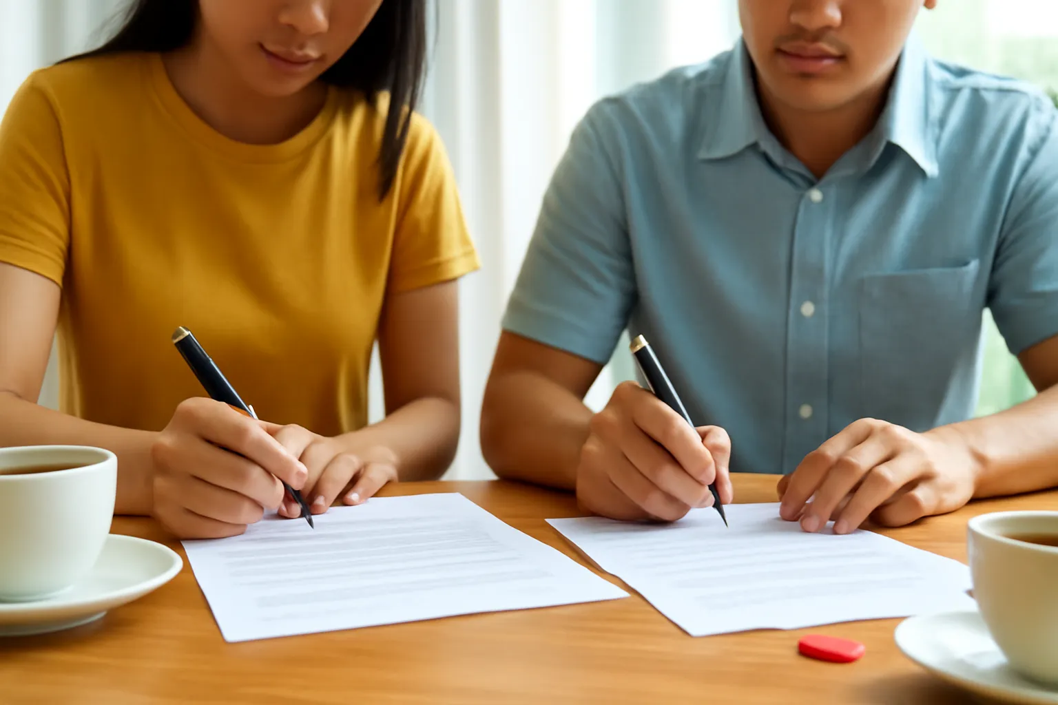 Hai người ký giấy tờ trên bàn gỗ, chụp góc thấp, chữ trên giấy mờ