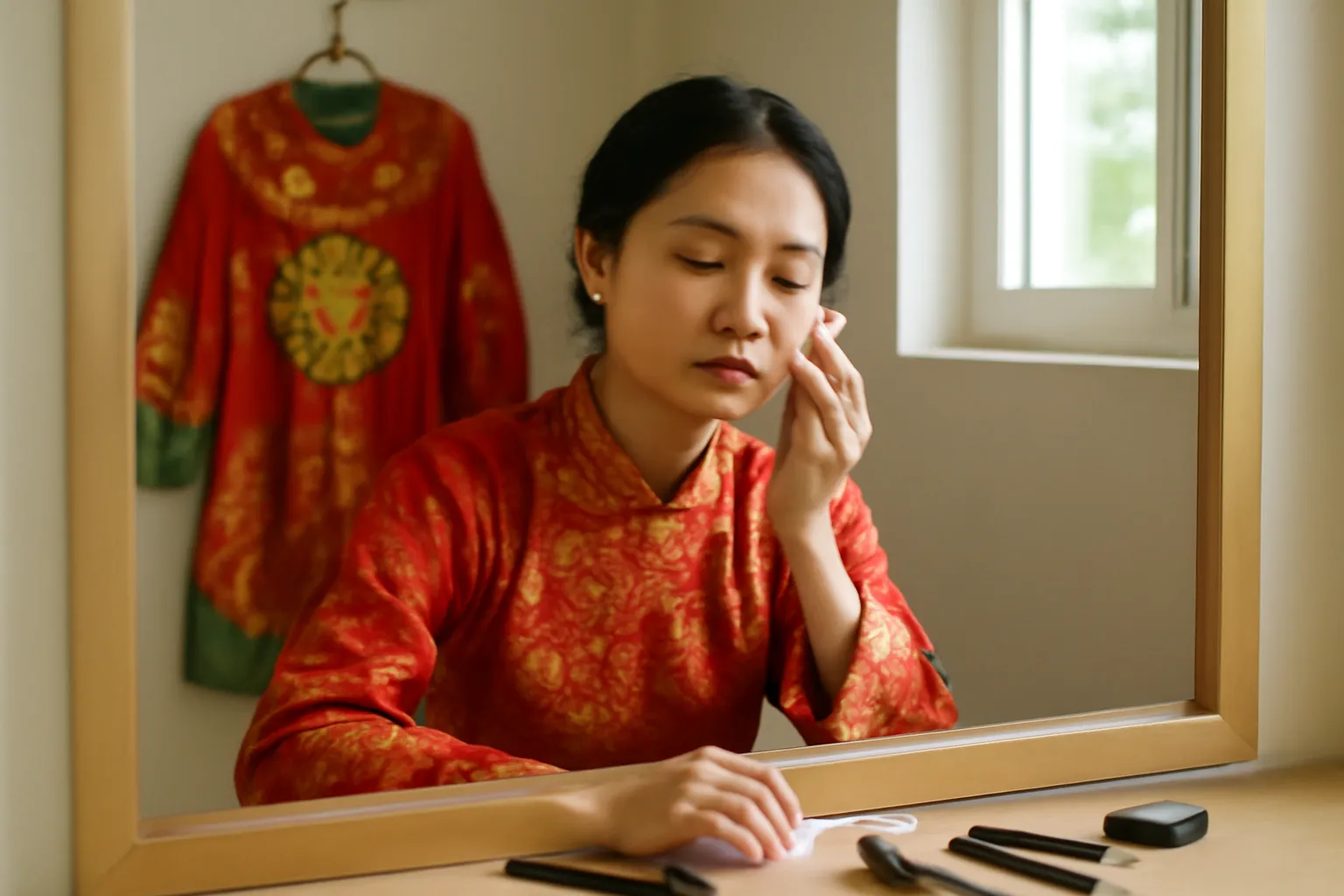 Nghệ sĩ tẩy trang một mình trong phòng hoá trang đã vắng người