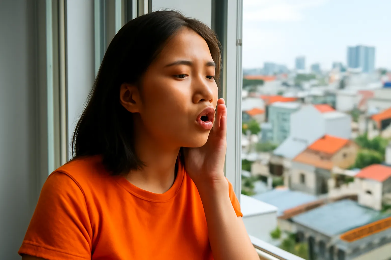 Nữ ca sĩ trẻ rung môi khởi động giọng bên cửa sổ căn hộ