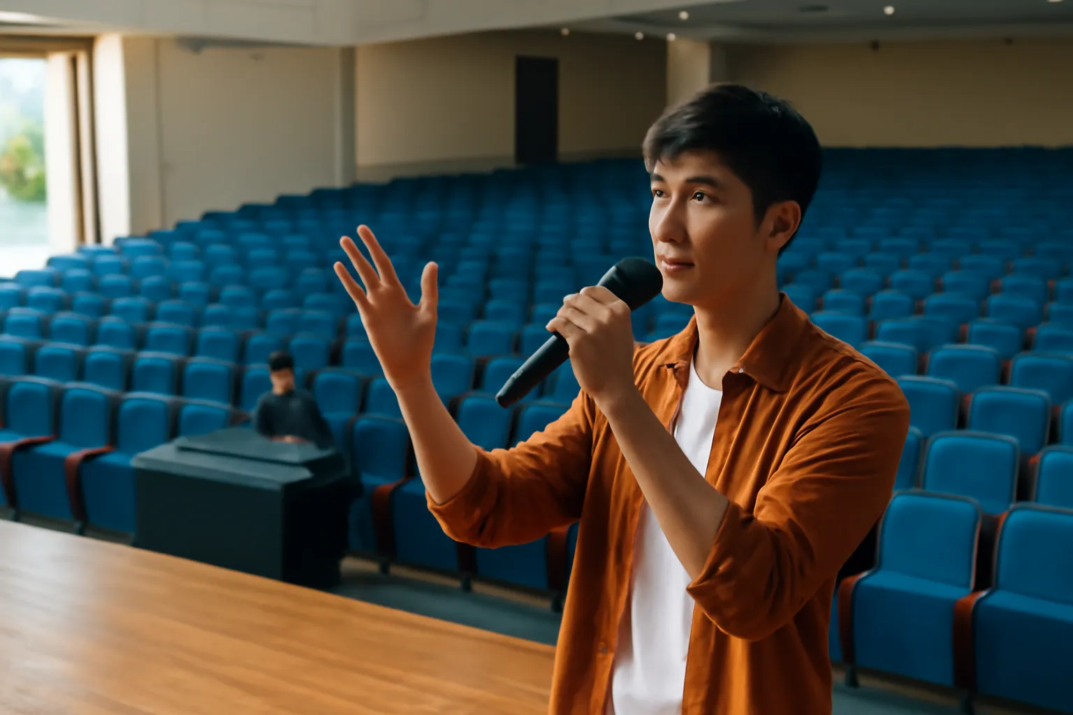 Nghệ sĩ đứng giữa sân khấu trống thử micro, người chỉnh âm ngồi ở bàn trộn phía xa