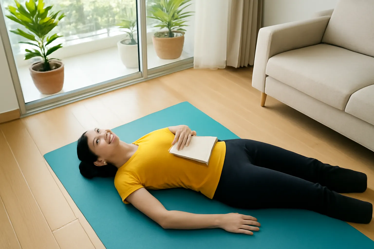Cô gái nằm ngửa trên thảm, đặt cuốn sách trên bụng để tập thở