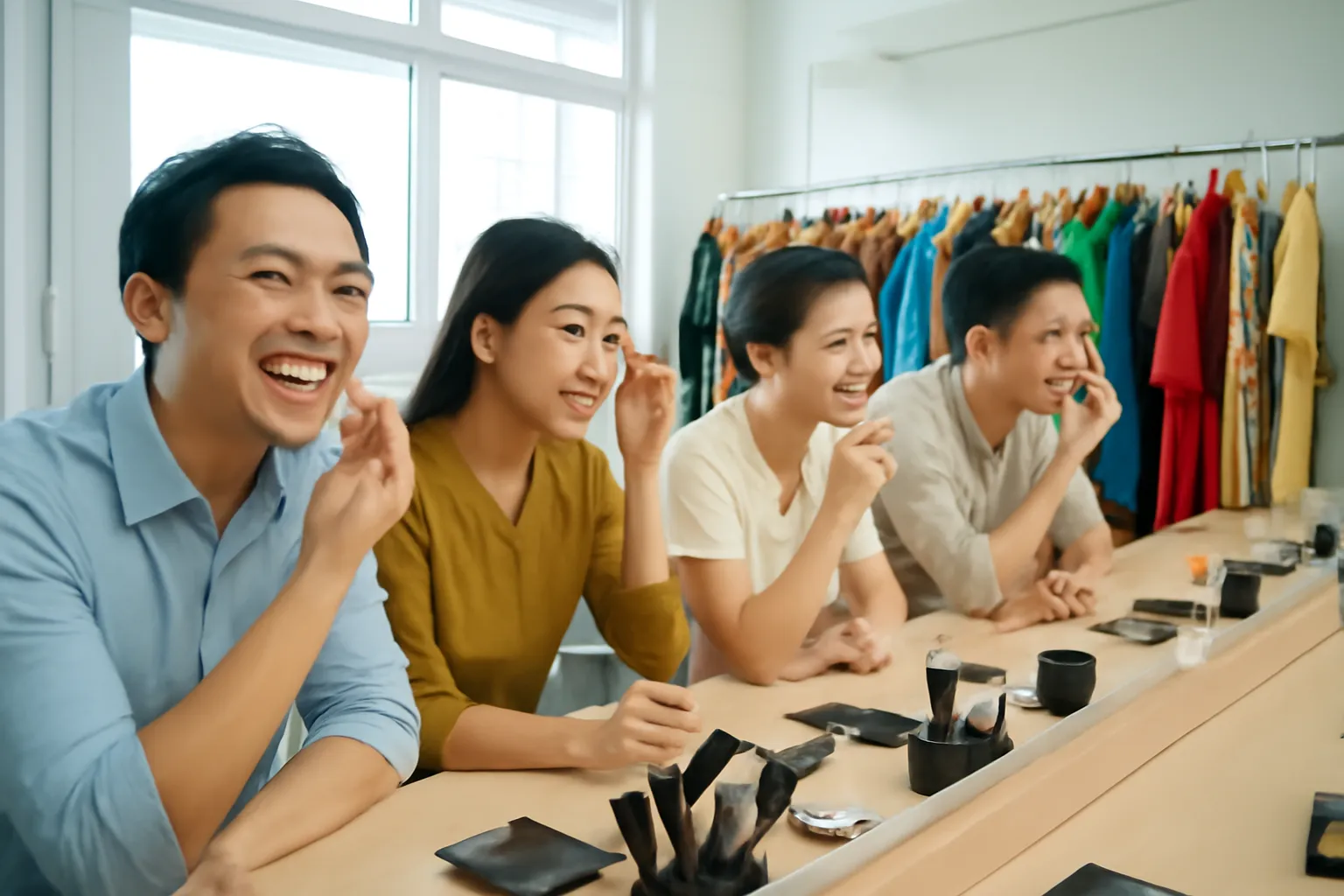 Các diễn viên ngồi trang điểm trước dãy gương trong phòng hoá trang chung