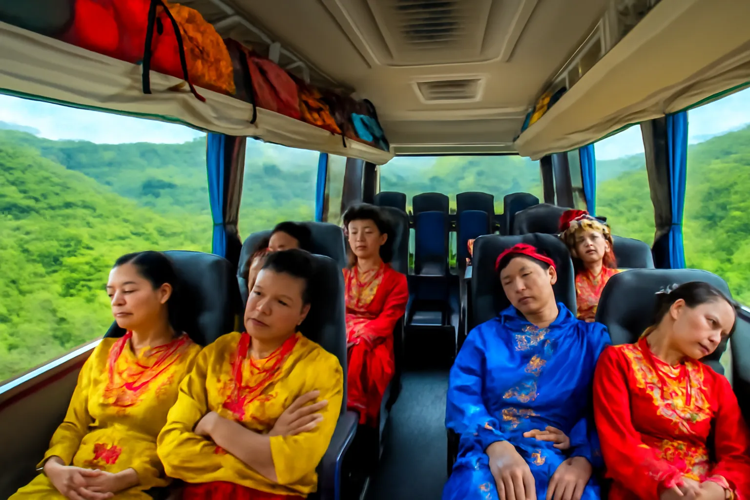 Đoàn nghệ sĩ ngủ gà gật trên xe khách chạy qua đường đèo