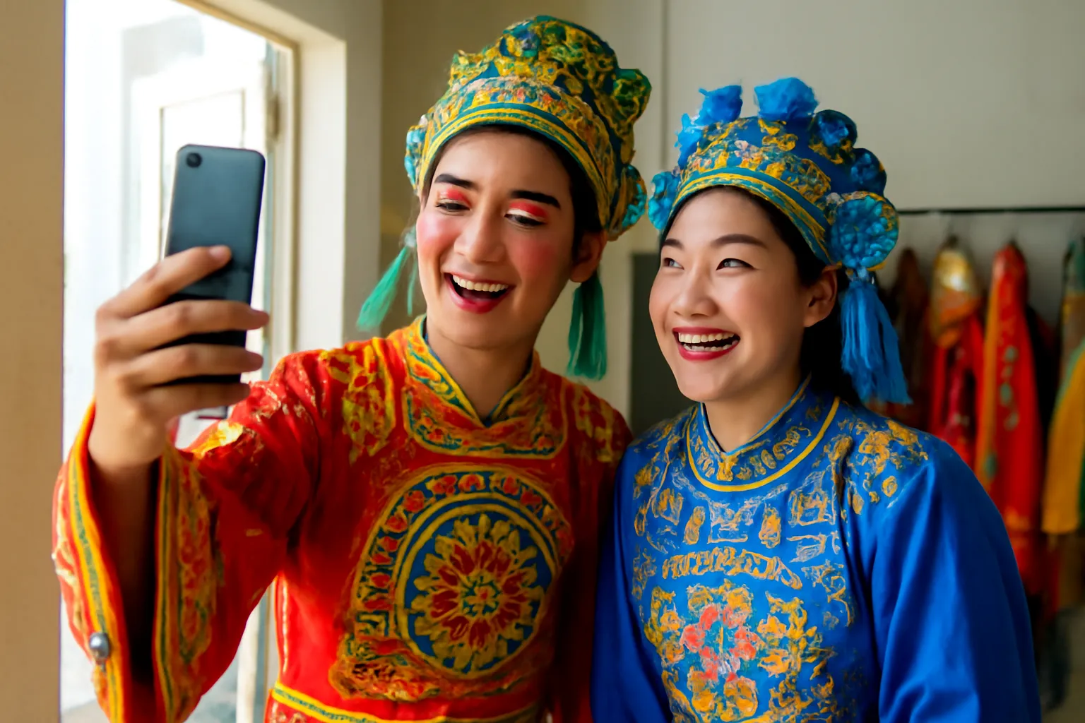 Hai bạn trẻ mặc phục trang tuồng cười chụp ảnh sau buổi diễn