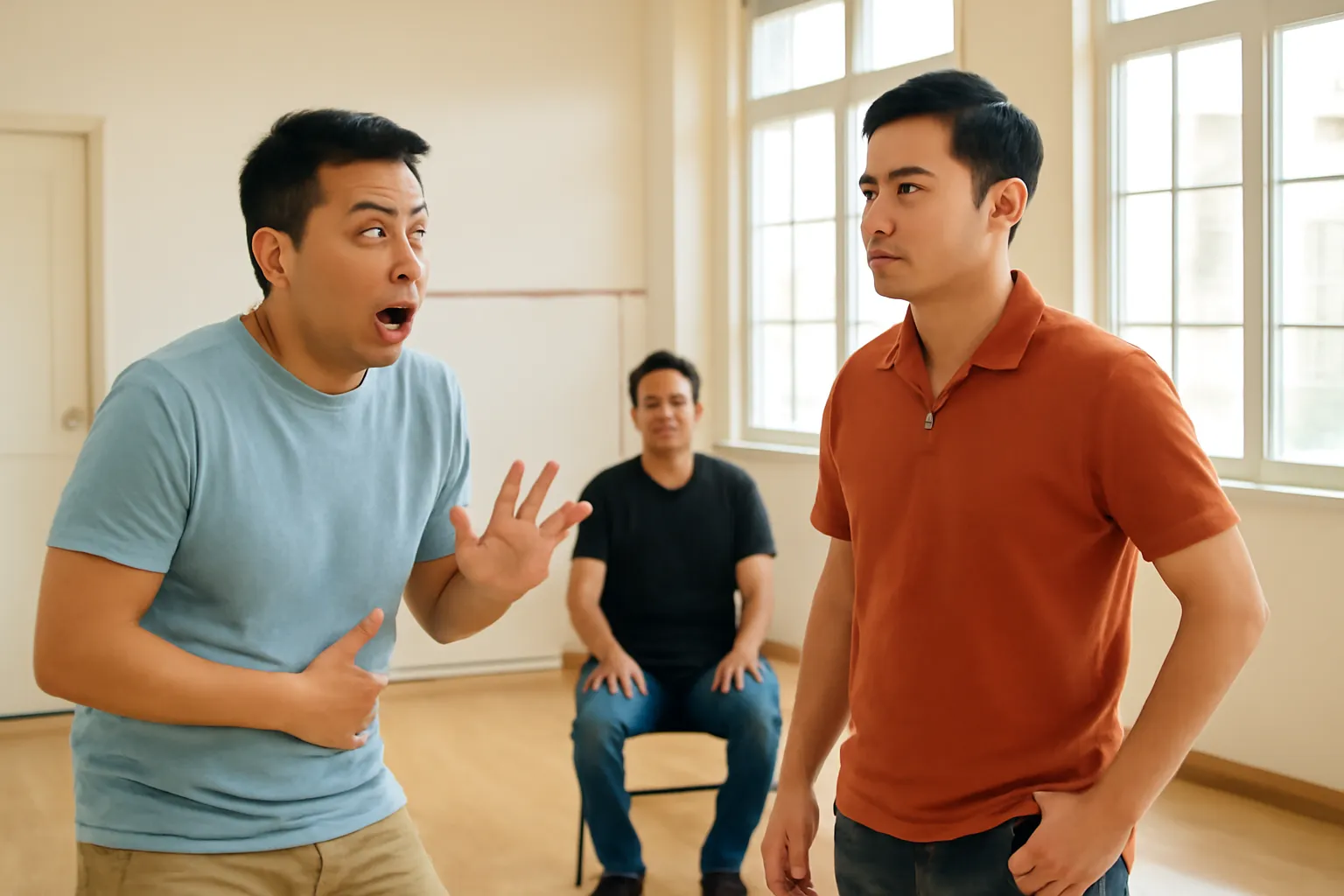 Hai diễn viên hài tập tiểu phẩm trong phòng tập, đạo diễn ngồi cười