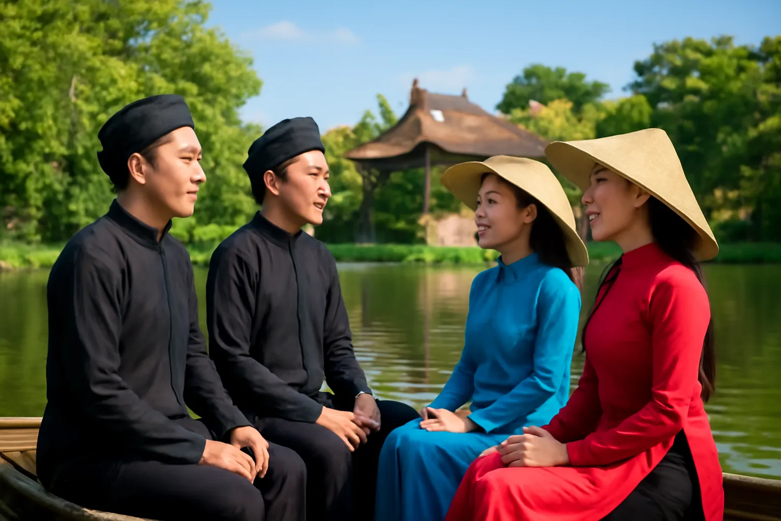 Liền anh khăn xếp và liền chị nón quai thao hát trên thuyền giữa hồ