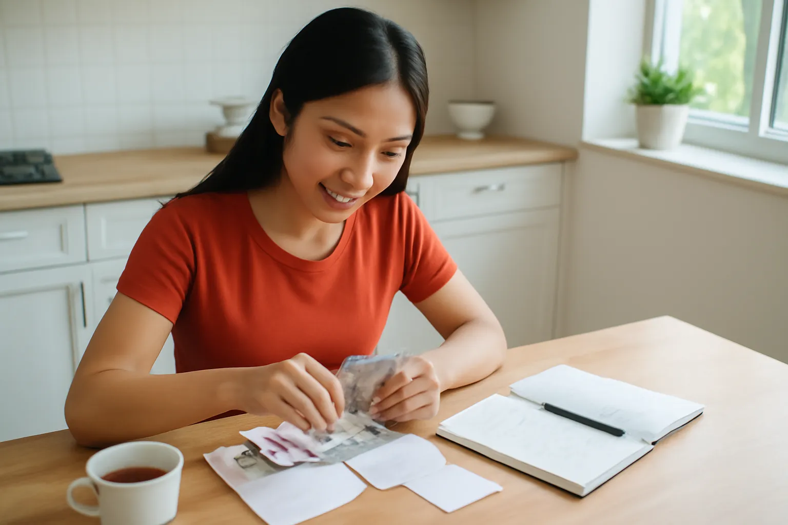 Nghệ sĩ ngồi bàn bếp chia tiền vào các phong bì, sổ ghi chép bên cạnh