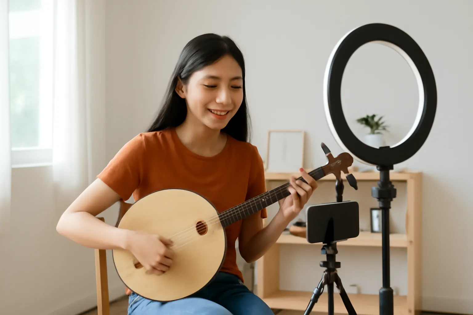 Nghệ sĩ chơi đàn nguyệt tự quay mình bằng điện thoại đặt trên giá trong góc phòng