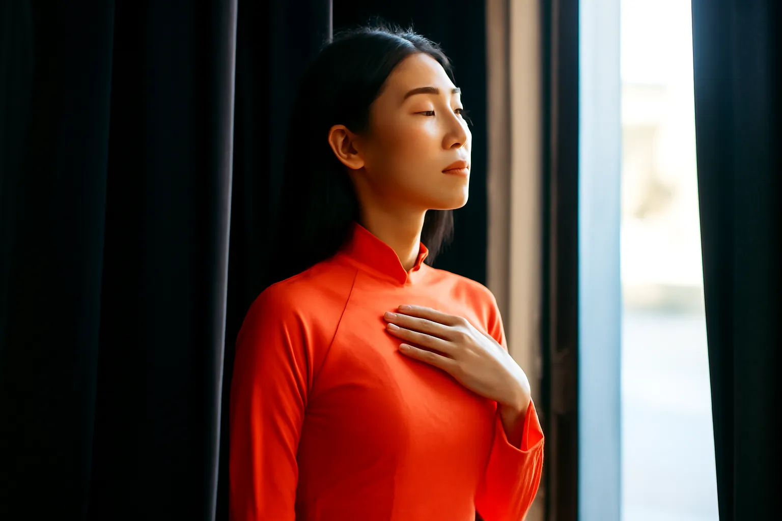Nữ ca sĩ nhắm mắt hít thở sâu trong cánh gà trước khi bước ra