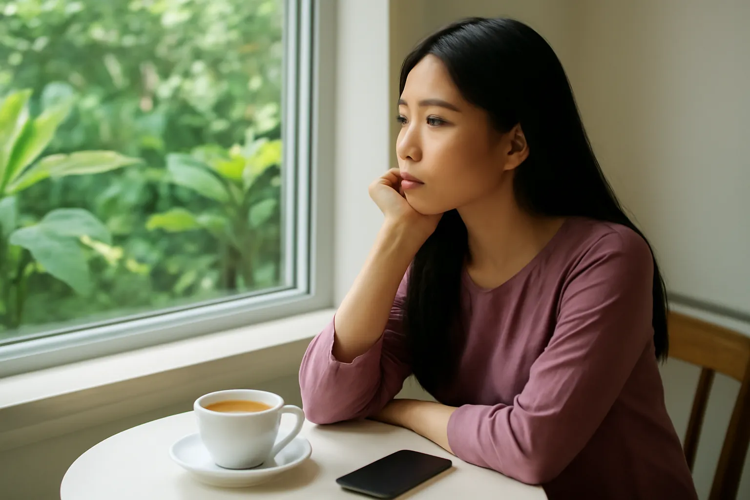 Nghệ sĩ úp điện thoại xuống bàn, nhìn ra khu vườn nhỏ