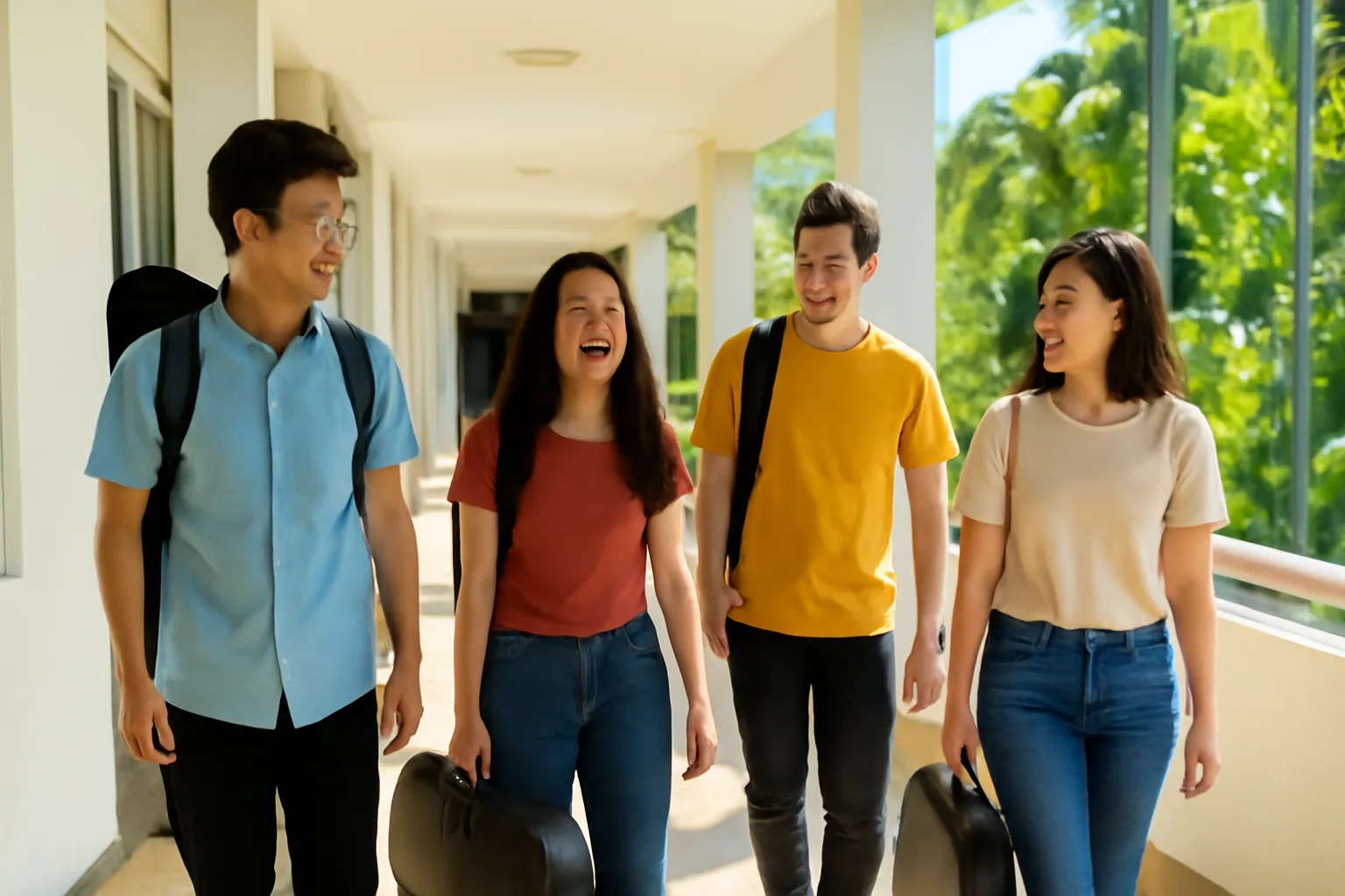 Học sinh trường nghệ thuật mang hộp đàn đi dọc hành lang đầy nắng