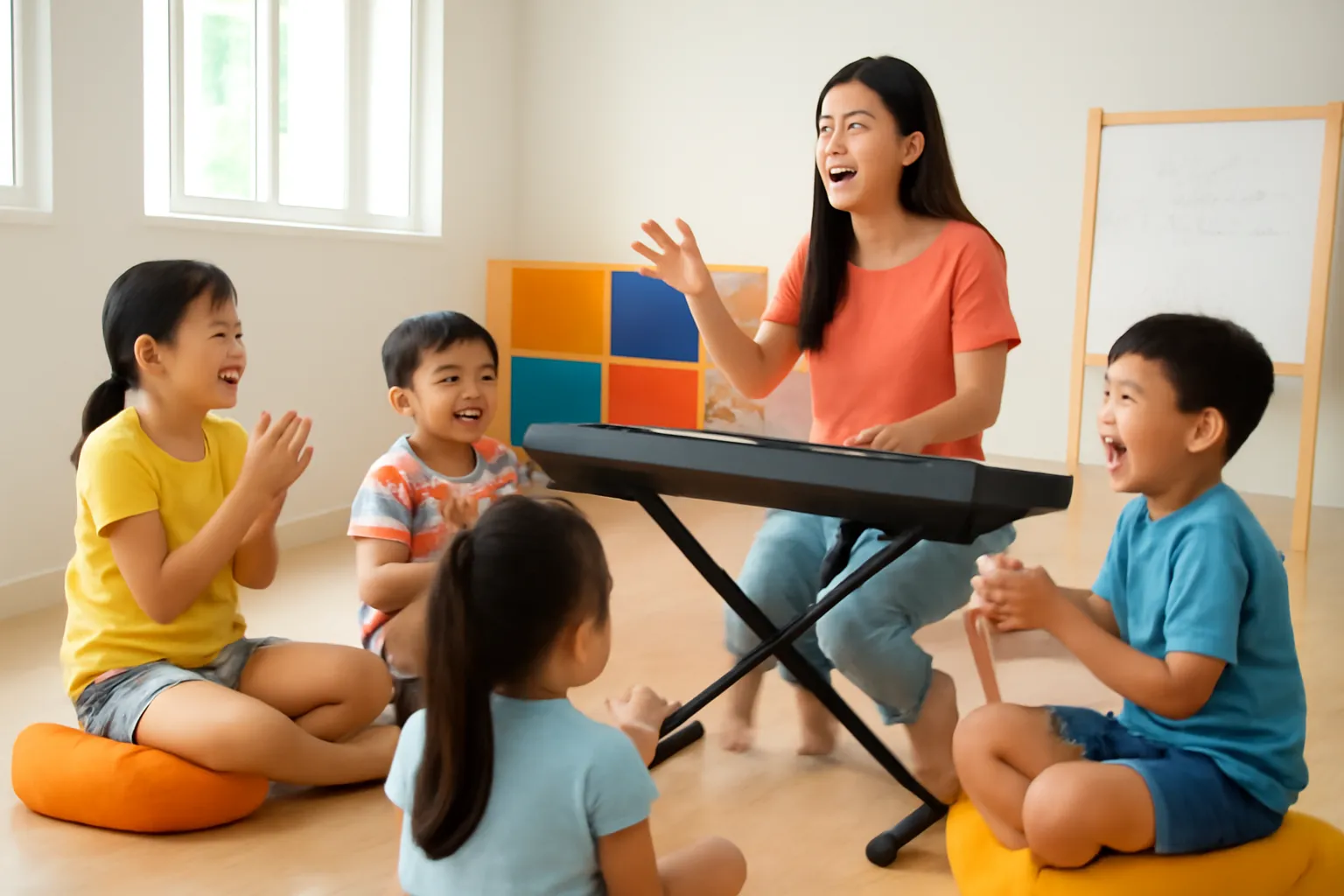Nghệ sĩ trẻ dạy hát cho nhóm trẻ em trong phòng học nhỏ sáng sủa
