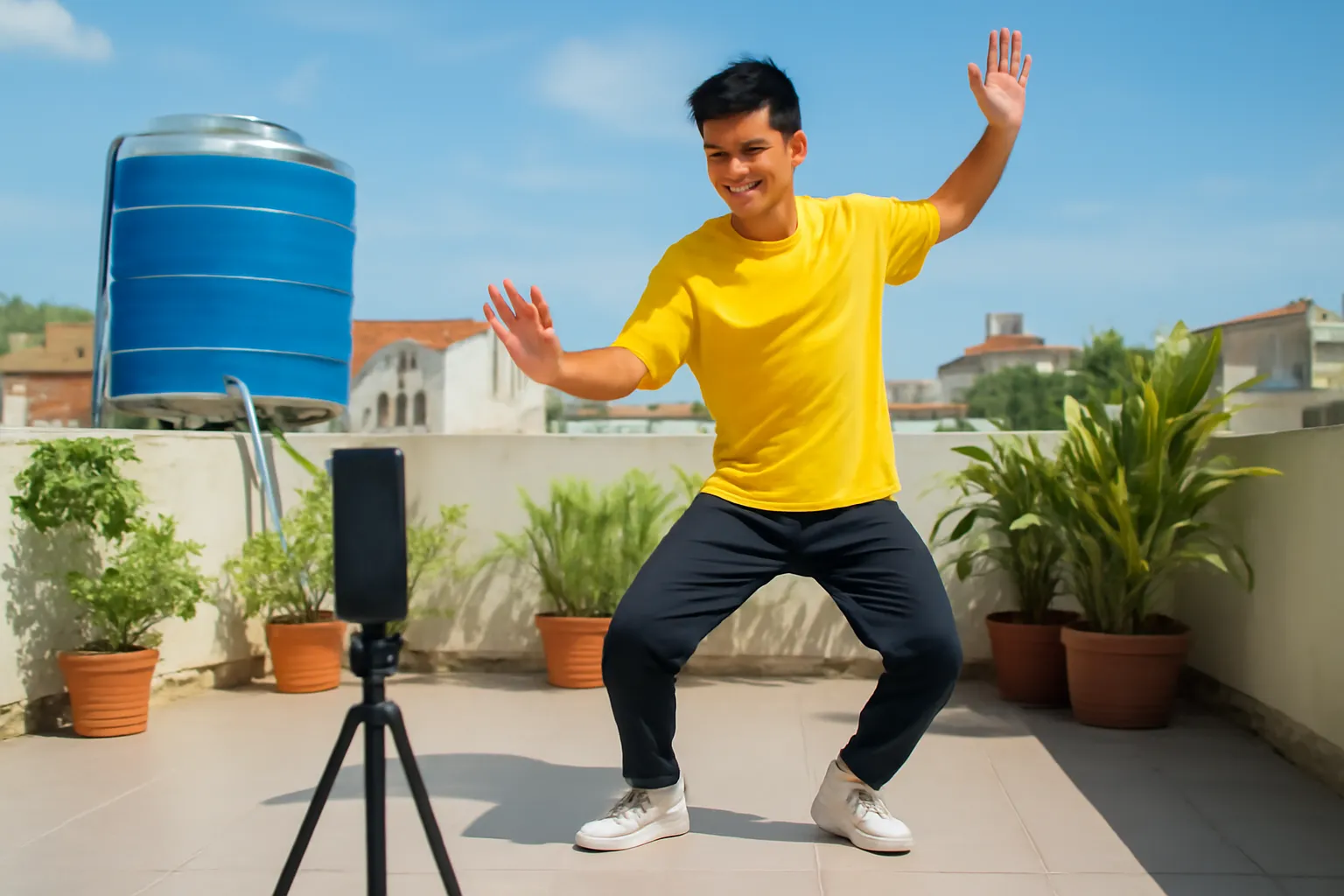 Chàng trai dựng điện thoại trên giá ba chân quay lại bài múa trên sân thượng