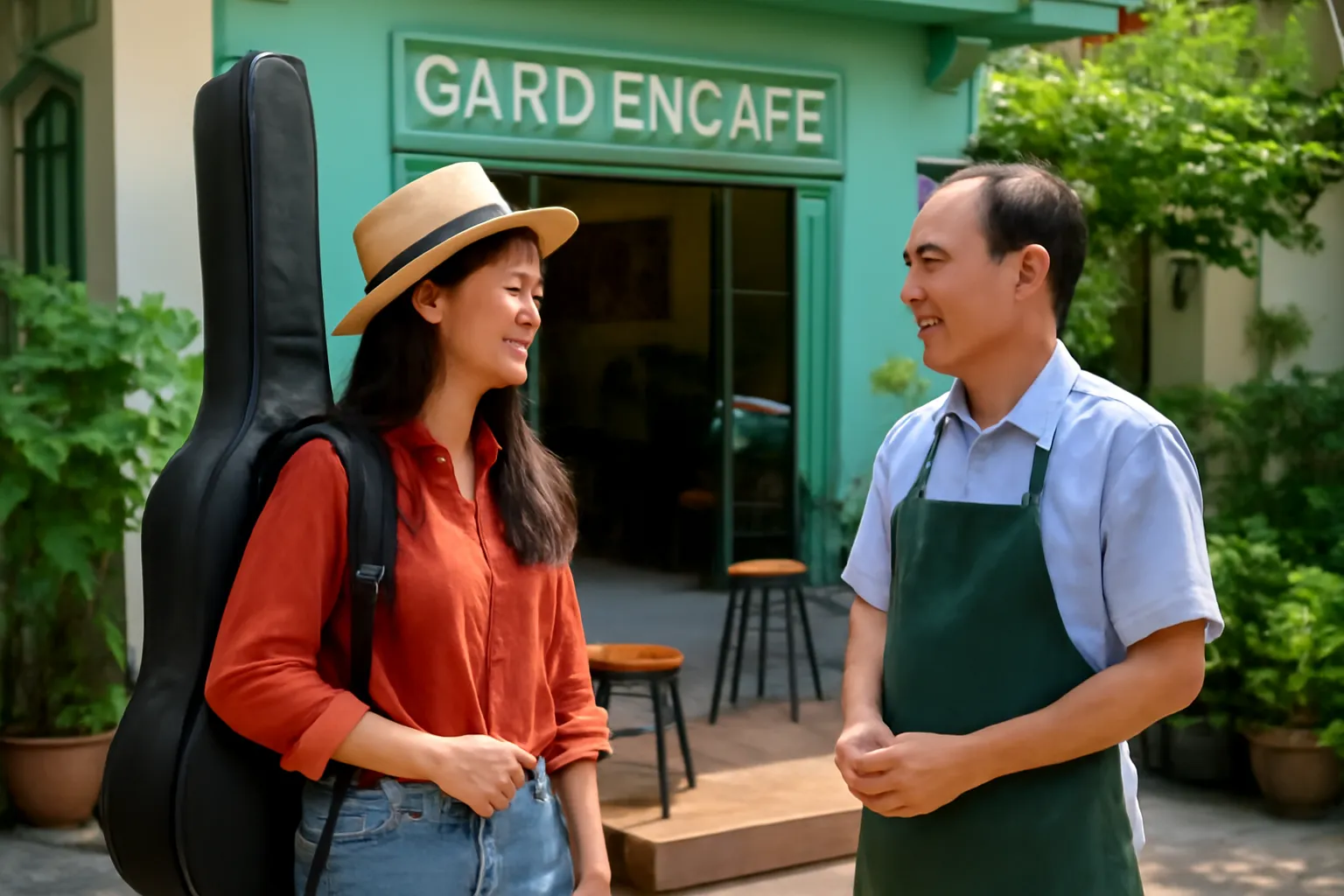Nghệ sĩ trẻ trò chuyện với chủ quán cà phê sân vườn để xin được biểu diễn