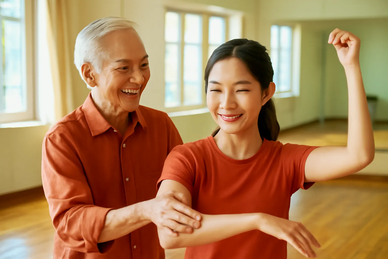 Nghệ sĩ lớn tuổi chỉnh động tác tay cho diễn viên trẻ trong phòng tập