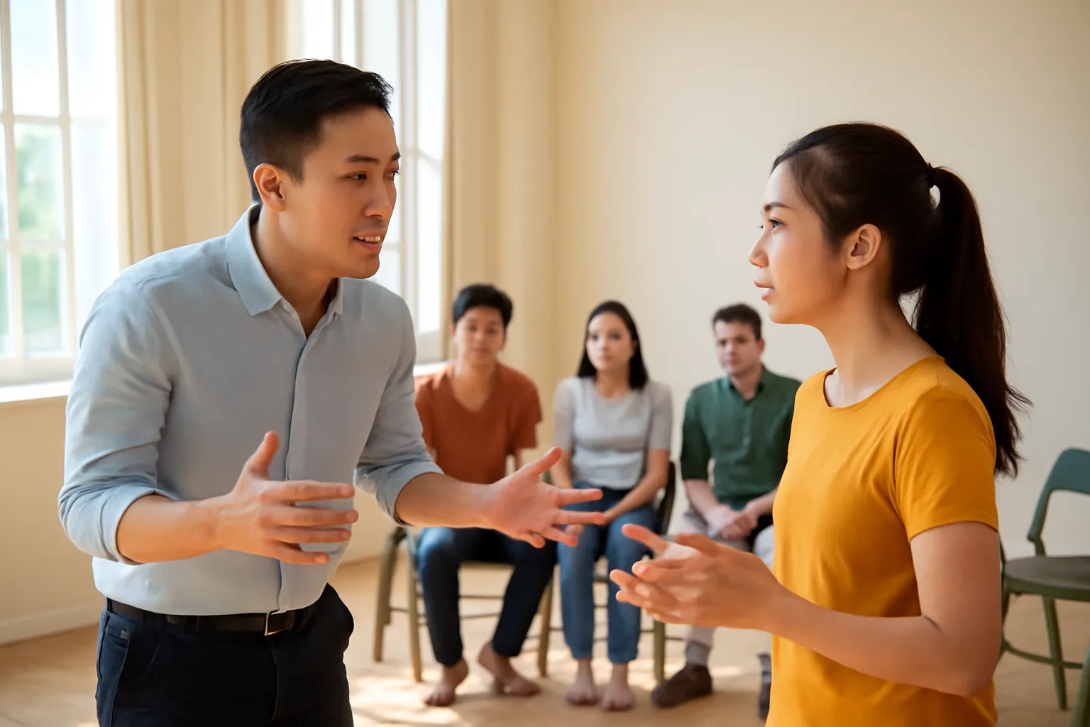 Người đàn ông khoảng ba mươi tuổi tập kịch trong lớp học buổi chiều