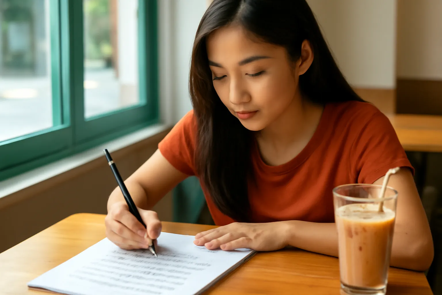 Nữ diễn viên ghi chú trên kịch bản trong quán cà phê vắng buổi sáng