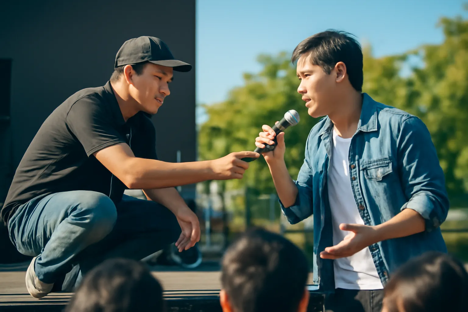 Kỹ thuật viên đưa micro dự phòng cho ca sĩ ở mép sân khấu ngoài trời